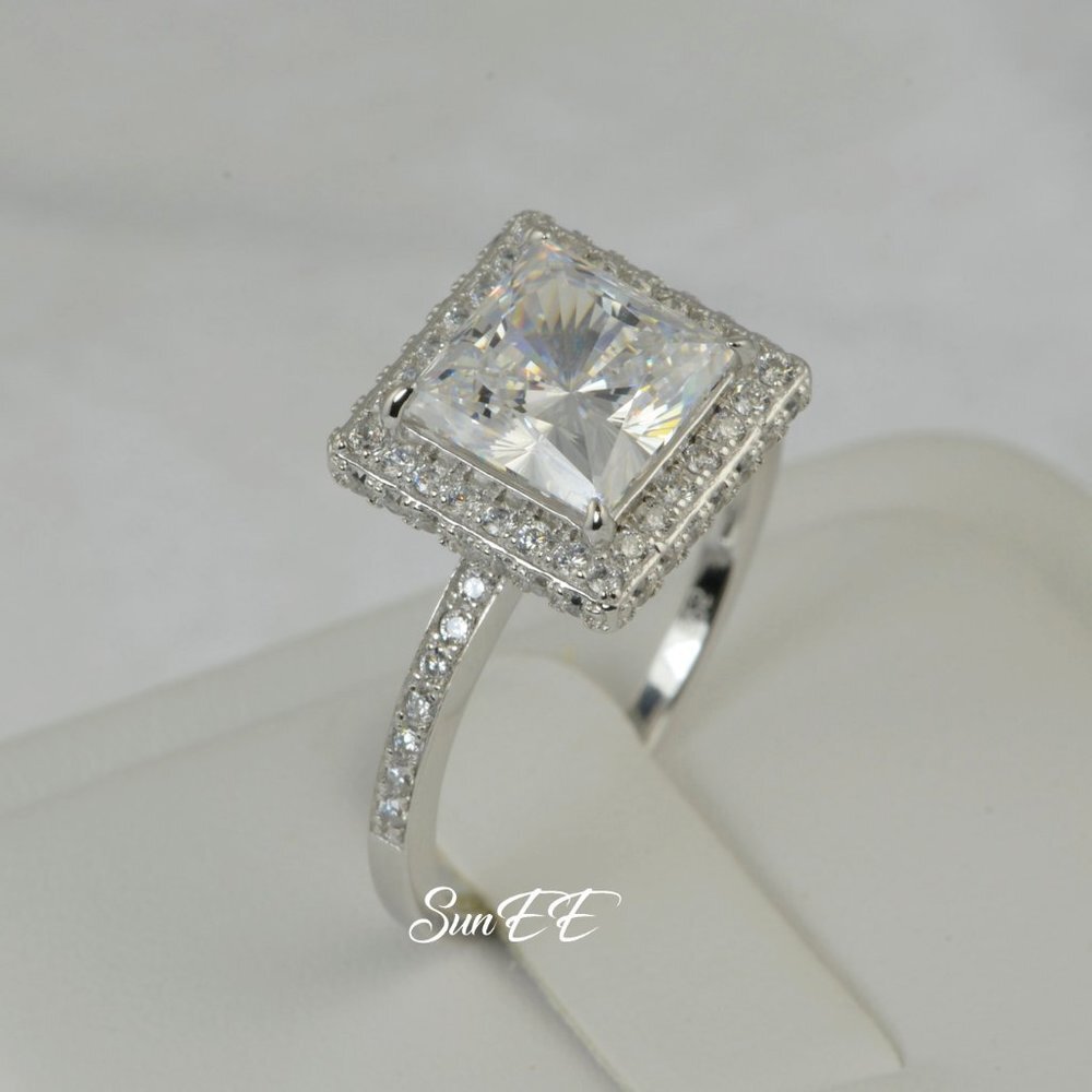 NEW 925 STERLING SILVER HALO PRINCESS DIAMOND CUT WEDDING RINGS ENGAGEMENT RING - Picture 5 of 7